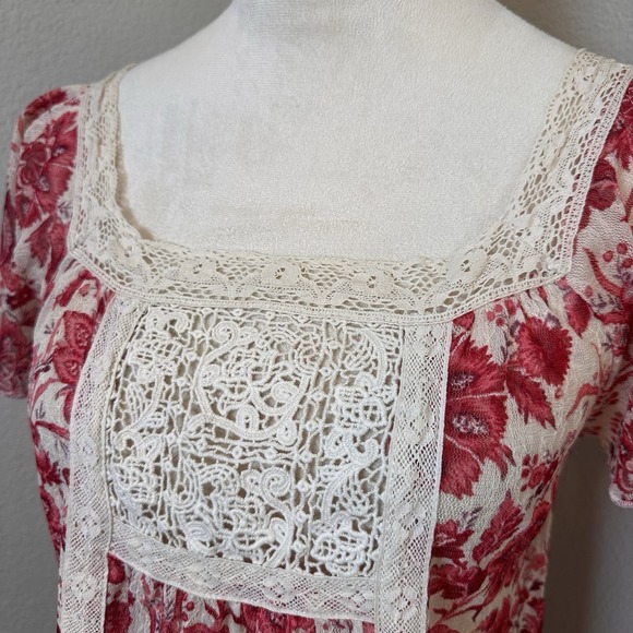 Ralph Lauren Denim Supply Pink Floral Babydoll Crochet Lace Top XS Sheer Peasant - Picture 3 of 9